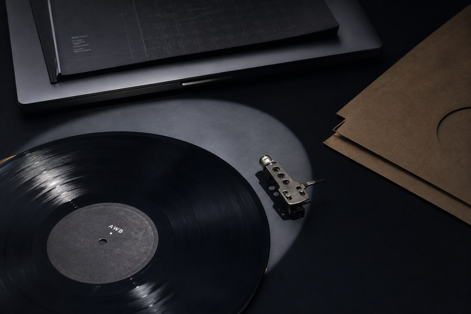 Dark workspace with a lacquer disc, kraft sleeves and a closed laptop