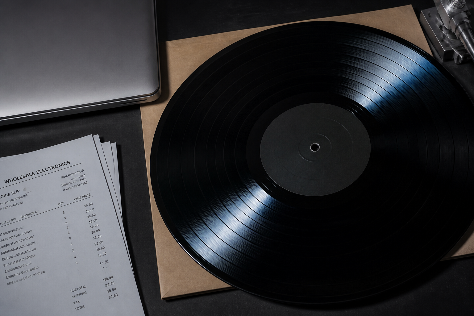 Black lacquer disc on a dark mastering desk beside sealed electronics cartons