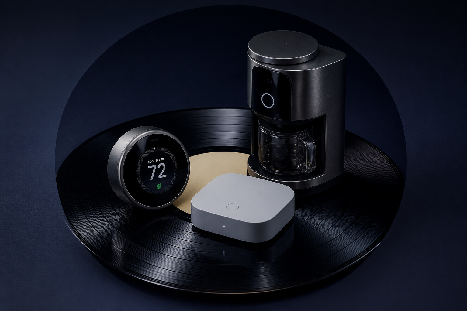 Smart home appliances on a dark vinyl disc