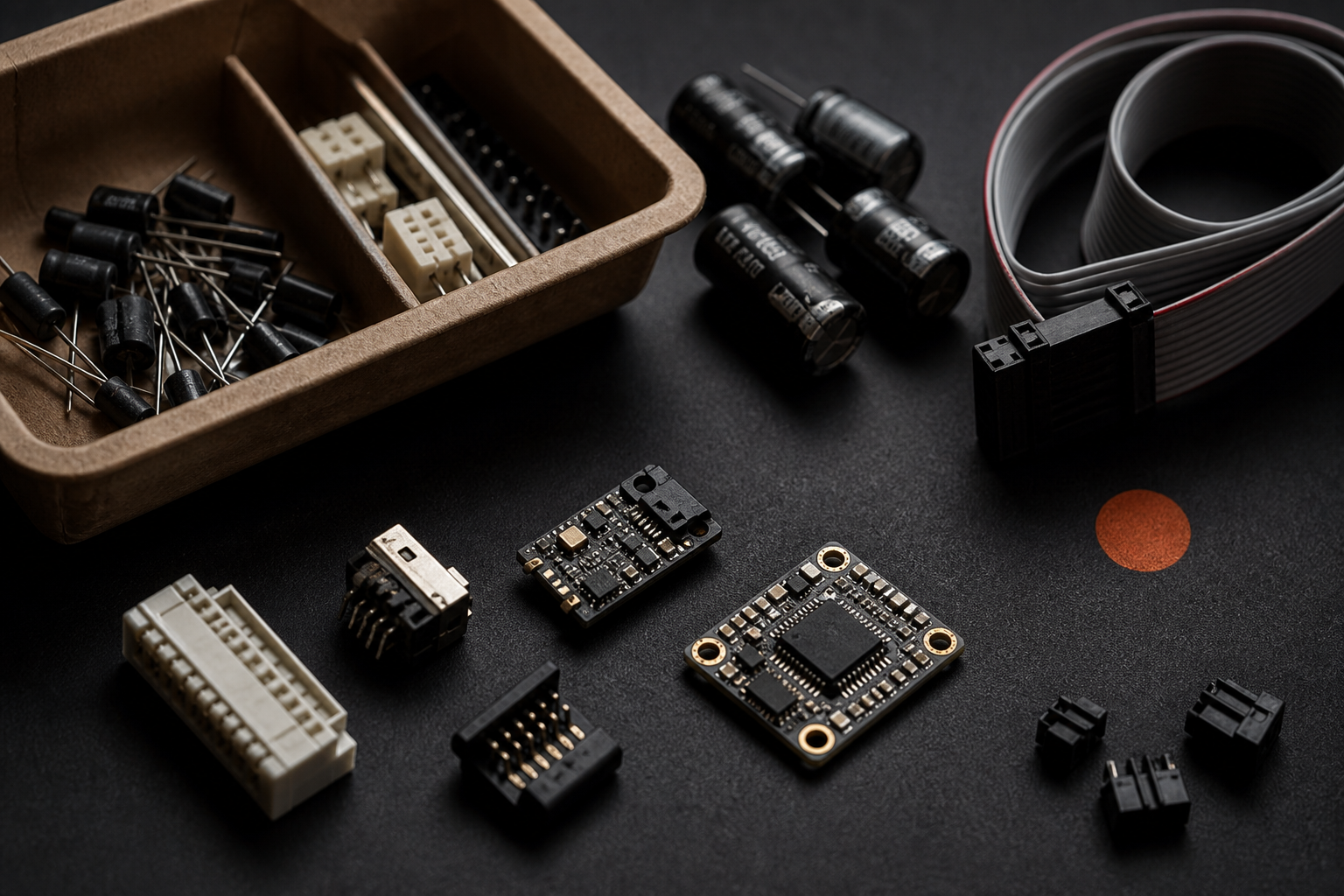 Electronic spare parts on black vinyl